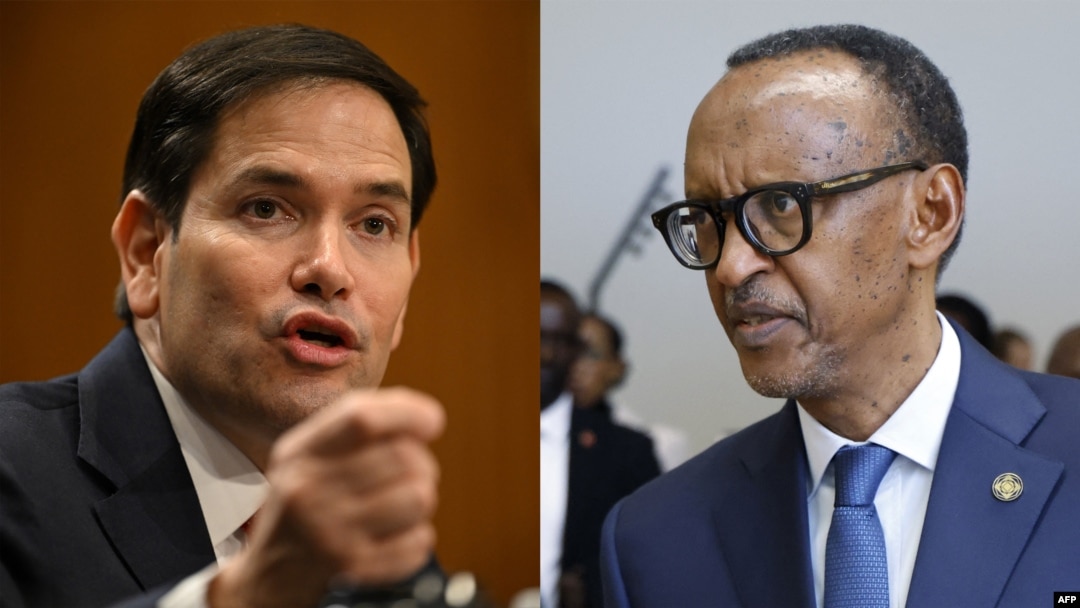 le secrétaire d'État américain Marco Rubio (à gauche) et le président rwandais Paul Kagame