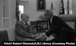 Johnson, pictured here with journalist Drew Pearson in 1967, once said, "I do understand power, whatever else may be said about me. I know where to look for it, and how to use it.'' (Yoichi Okamoto/Lyndon B. Johnson Library)