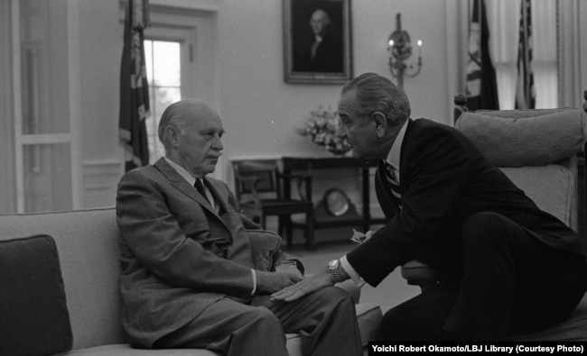 Johnson, pictured here with journalist Drew Pearson in 1967, once said, "I do understand power, whatever else may be said about me. I know where to look for it, and how to use it.'' (Yoichi Okamoto/Lyndon B. Johnson Library)