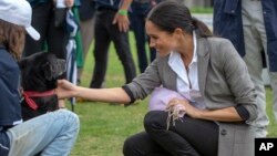 FILE - Meghan, Duchess of Sussex, pats a dog during a visit to a community picnic at Victoria Park in Dubbo, Australia, Oct. 17, 2018. Her Outland Denim jeans quickly sparked a buying fenzy.