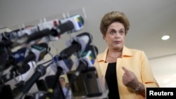 President Dilma Rousseff addresses a news conference in Brasilia, Brazil, April 5, 2016. 