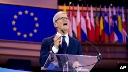Apple CEO Tim Cook speaks during a data privacy conference at the European Parliament in Brussels, Oct. 24, 2018. 
