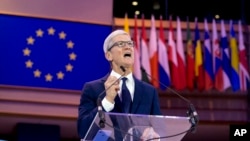 Apple CEO Tim Cook speaks during a data privacy conference at the European Parliament in Brussels, Oct. 24, 2018. 