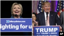 FILE - Democratic U.S. presidential candidate Hillary Clinton (L) speaks at a rally in West Palm Beach, Florida, while Republican presidential candidate Donald Trump (R) speaks to supporters in Palm Beach, March 15, 2016.