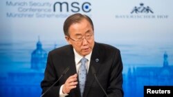 U.N. Secretary-General Ban Ki-moon gives his speech during the annual Munich Security Conference, Feb. 1, 2014. 