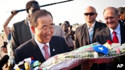 U.N. Secretary General Ban Ki-moon is greeted upon his arrival in Juba, Sudan, on Friday, July 8, 2011