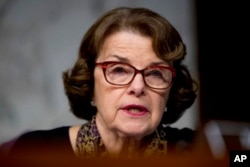 FILE - Democratic Sen. Dianne Feinstein speaks during hearing on Capitol Hill in Washington, Oct. 31, 2017.