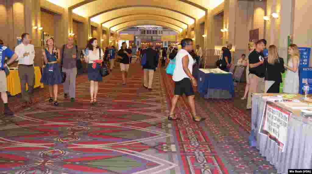 Activist groups are set up in the hallways at the Pennsylvania Convention Center to discuss their issues with delegates to the Democratic National Convention in Philadelphia, July 26, 2016.