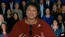 In this pool image from video, Stacey Abrams delivers the Democratic party's response to President Donald Trump's State of the Union address, Feb. 5, 2019 from Atlanta.