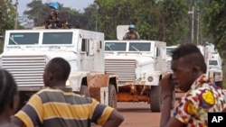 FILE - U.N. peacekeeping soldiers on patrol in the city of Bangui, Central African Republic, Sept. 30, 2015.