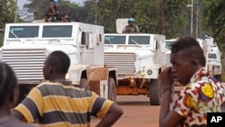 FILE - U.N. peacekeeping soldiers on patrol in the city of Bangui, Central African Republic, Wednesday, Sept. 30, 2015.