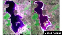 تصاویر بالا روند تغییر مساحت دریاچه ارومیه را از سال ۱۳۴۲ تا ۱۳۹۰ نشان می دهد. منبع : سازمان ملل متحد
