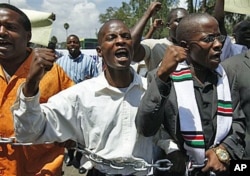 A handful of anti-corruption demonstrators hold a chain during a protest in downtown Nairobi, 17 Feb 2010 (file photo)