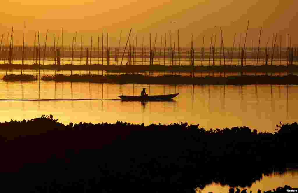 A fisherman rides on a banca to inspect fish pens that needs to be dismantled to make way for an expressway at Laguna de Bay in Muntinlupa, Metro Manila, the Philippines.