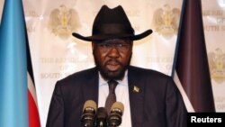 FILE - South Sudan's President Salva Kiir addresses the nation during an independence day event at the Presidential palace in Juba, July 9, 2017.
