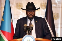 South Sudan's President Salva Kiir addresses the nation during an independence day event at the Presidential palace in Juba, July 9, 2017.