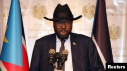 South Sudan's President Salva Kiir addresses the nation during an independence day event at the Presidential palace in Juba, July 9, 2017. 