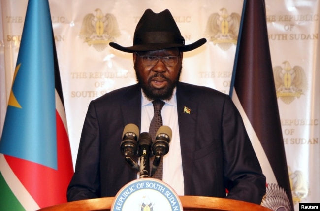 South Sudan's President Salva Kiir addresses the nation during an independence day event at the Presidential palace in Juba, July 9, 2017.