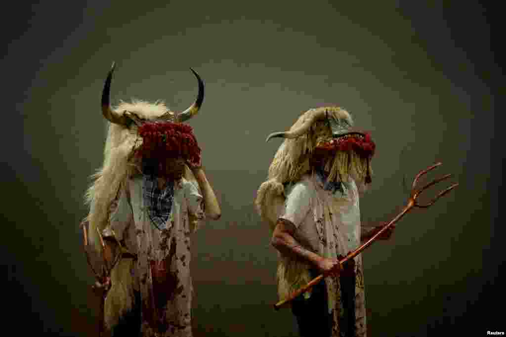 People dressed as Momotxorros, half-bull, half-man figures in blood soaked sheepskins, take part in carnival celebrations in Alsasua, Spain, Feb. 13, 2018.