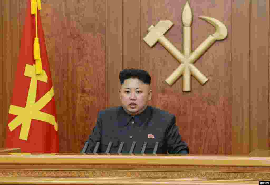 Lãnh tụ Bắc Triều Tiên Kim Jong Un trong bài phát biểu đầu năm 2014.