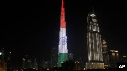 The Burj Khalifa, the world's tallest building, displays the flag of India in Dubai, United Arab Emirates, Feb. 10, 2018. Indian Prime Minister Narendra Modi arrived in the UAE as part of a tour of the Middle East. 