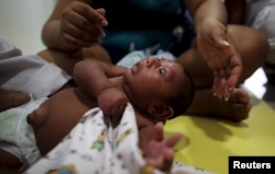 FILE - Gustavo Henrique, a 2-month-old born with microcephaly, reacts to stimuli during an evaluation session with a physiotherapist at the Altino Ventura rehabilitation center in Recife, Brazil, Feb. 11, 2016.
