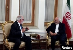 Iranian Foreign Minister Mohammad Javad Zarif meets with European Commissioner for Energy and Climate, Miguel Arias Canete, in Tehran, Iran, May 20, 2018.