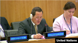 김셩 유엔주재 븍한대사가 9일 뉴욕 유엔본부에서 열린 유엔총회 제2위원회 회의에서 발언하고 있다.