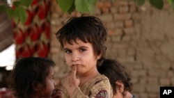 파키스탄 페슈와르에 있는 난민캠프에서 19일, 한 아프간 난민 소녀가 카메라를 응시하고 있다. 