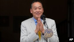 Thai Prime Minister Srettha Thavisin talks to reporters during a press conference in Bangkok, Aug. 14, 2024.