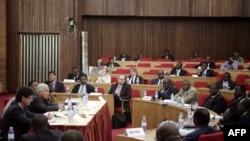 Le directeur général du FMI assiste à une réunion avec les commissions économiques et financières de l'Assemblée nationale et du Sénat de la République démocratique du Congo le 25 mai 2009 à Kinshasa, pendant deux jours visite à Kinshasa (RDC). (Photo AFP/ Dominique Viger)