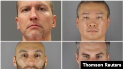 Exoficiales de policía de Minneapolis (en el sentido de las agujas del reloj desde la parte superior izquierda) Derek Chauvin, Tou Thao, Thomas Lane y J. Alexander Kueng posan en una combinación de fotografías policiales.