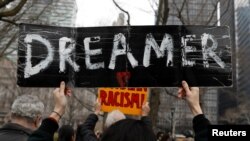 Activists and DACA recipients march up Broadway during the start of their 'Walk to Stay Home,' a five-day 250-mile walk from New York to Washington D.C., to demand that Congress pass a Clean Dream Act, in Manhattan, New York, U.S., Feb. 15, 2018. 