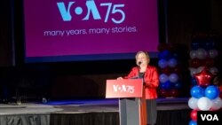 VOA Director Amanda Bennett provides welcoming remarks during Voice of America's 75th anniversary event, March 2, 2017. 