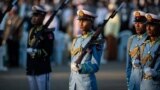 (FILE) Members of a Myanmar military honor guard take part in a ceremony to mark Myanmar's 77th Independence Day in Naypyidaw on January 4, 2025. 