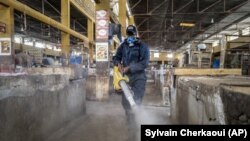 FILE - In this March 30, 2020, file photo, a worker sprays disinfectant in the Grand Market of Dakar, Senegal in an attempt to halt the spread of the new coronavirus. (AP Photo/Sylvain Cherkaoui, File)