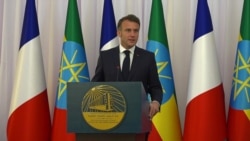 French President Emmanuel Macron speaking at a joint press conference in Addis Ababa on Dec. 21, 2024.