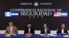 Desde la izquierda, el secretario de Seguridad guatemalteco Enrique Dagenhart, el salvadoreño Rogelio Rivas, el interino estadounidense Kevin McAleenan y el hondureño Julián Pacheco ofrecen una conferencia de prensa conjunta en Antiguo Cuscatlán, El Salvador, el jueves.