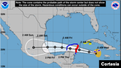 La gráfica del Centro Nacional de Huracanes de EE. UU. muestra la posible trayectoria de la tormenta tropical Grace el 18 de agosto de 2021.