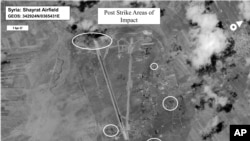 FILE - This satellite image released by the U.S. Department of Defense shows a damage assessment image of Shayrat air base in Syria, following U.S. Tomahawk Land Attack Missile strikes on April 7, 2017.