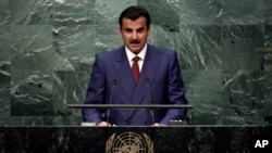 FILE - Emir of Qatar Sheikh Tamim bin Hamad Al-Thani addresses the United Nations General Assembly, Sept. 20, 2016, in New York.