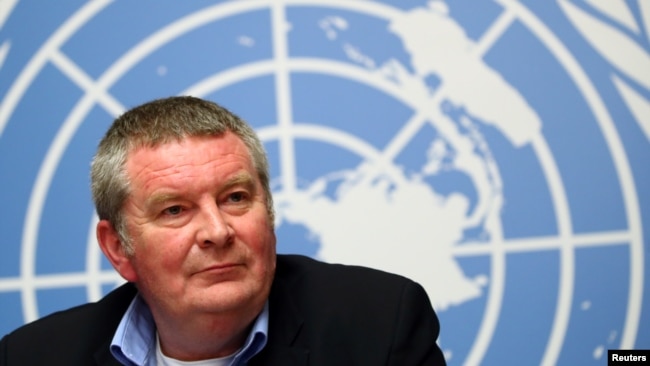 邁克爾·瑞安在日內瓦聯合國總部出席埃博拉疫情新聞發布會。（2019年5月3日）