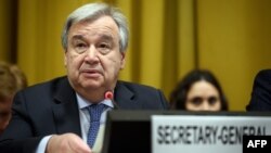 U.N. Secretary-General Antonio Guterres delivers a speech before the United Nations Conference on Disarmament, Feb. 25, 2019, in Geneva. 