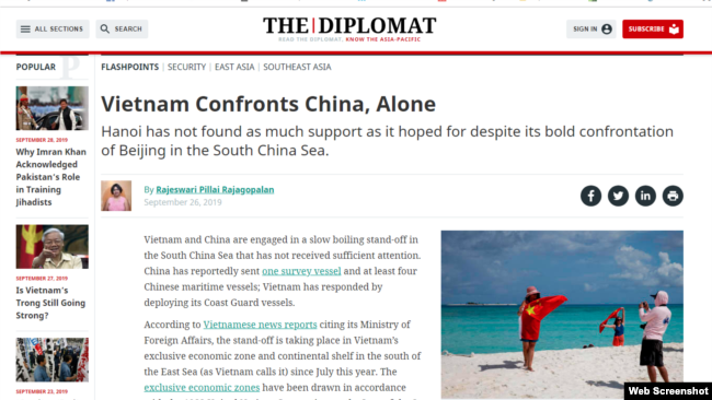 Bài báo Việt Nam đơn độc đối đầu Trung Quốc trên trang The Diplomat.