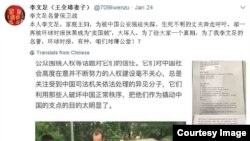 李文足在网上贴出起诉环球时报的资料