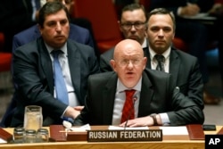 Russia's U.N. Ambassador Vassily Nebenzia addresses the United Nations Security Council, at U.N. headquarters, Monday, Sept. 17, 2018.