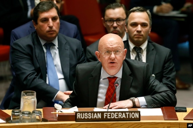 Russia's U.N. Ambassador Vassily Nebenzia addresses the United Nations Security Council, at U.N. headquarters, Monday, Sept. 17, 2018.