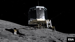 Still image from animation of Philae separating from Rosetta and descending to the surface of comet 67P/Churyumov-Gerasimenko, Nov. 2014.