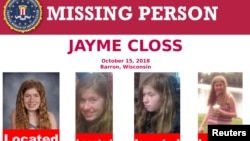 A U.S. Federal Bureau of Investigation missing person poster shows Jayme Closs, a 13-year-old Wisconsin girl, has been located in Gordon, Wisconsin, as seen in this poster provided Jan. 11, 2019.