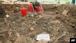 ARCHIVO - La antropóloga forense argentina Claudia Bernard, limpia restos humanos en El Mozote, El Salvador, lugar de una masacre en 1981. Foto de octubre 23 de 1992.